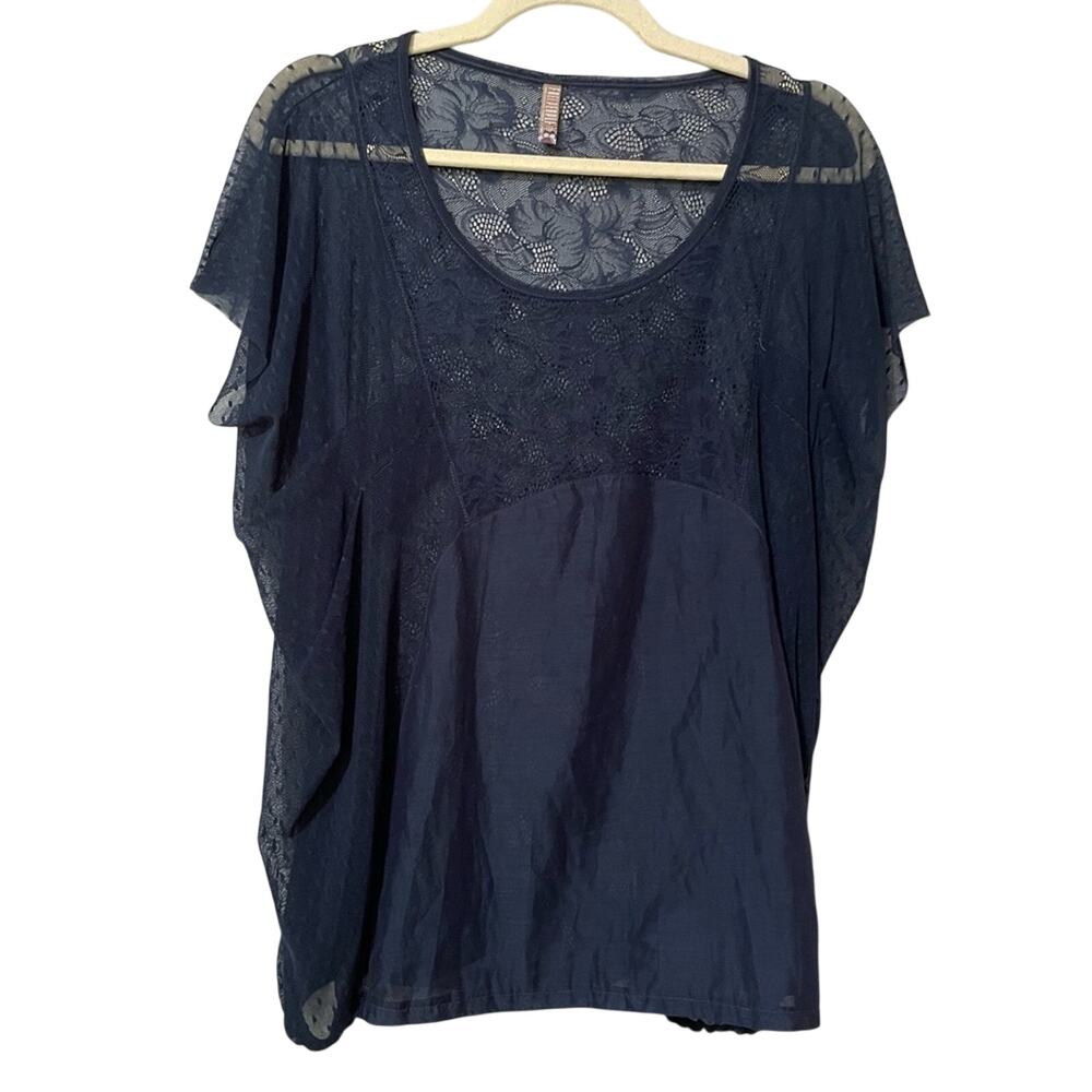 Free People Navy Blue Sheer Short Sleeve Blouse Womens S Lace Boho Fall Flutter